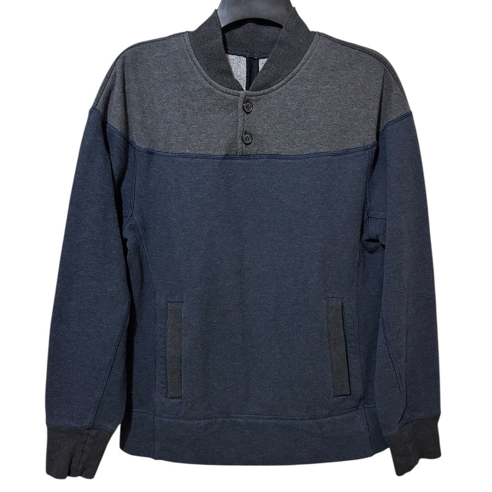 LULULEMON navy blue & gray pullover sweatshirt with 2 button neckline size Small